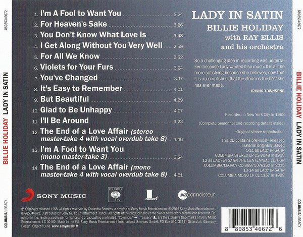Billie Holiday : Lady In Satin (CD, Album, RE, RM)