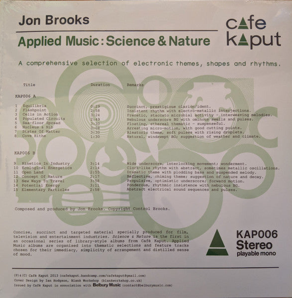 Jon Brooks : Applied Music: Science & Nature (LP, Album, Ltd, Gre)