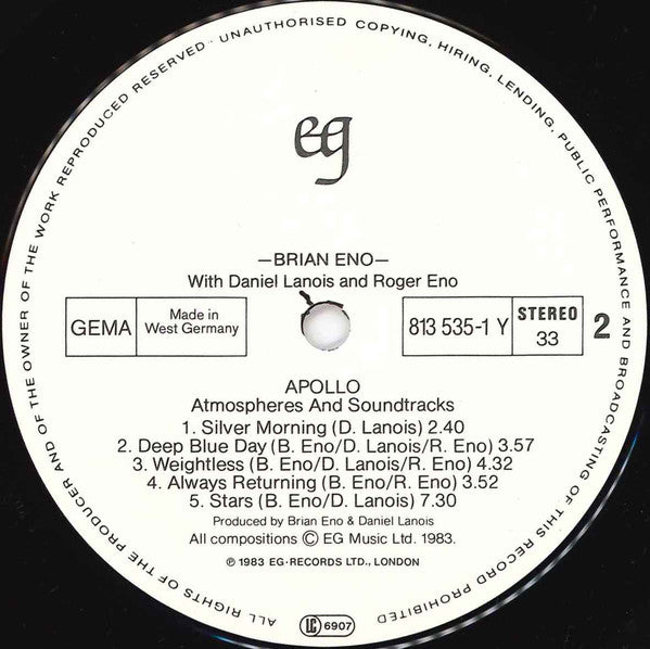 Brian Eno With Daniel Lanois & Roger Eno : Apollo (Atmospheres & Soundtracks) (LP, Album)