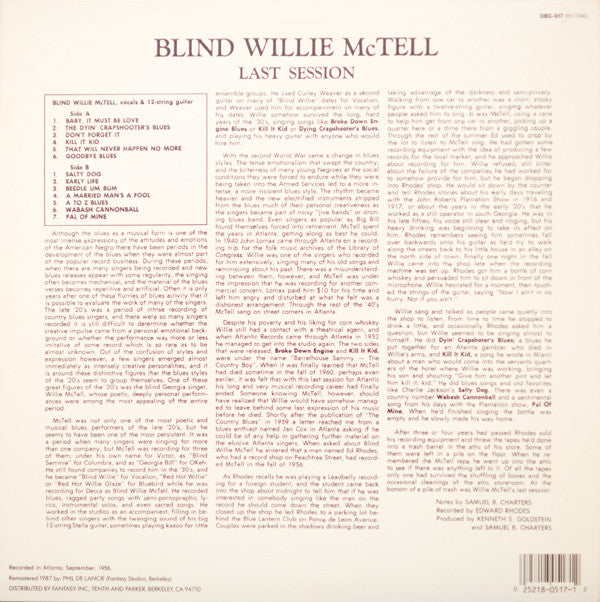 Blind Willie McTell : Last Session (LP, Album, RE, RM)