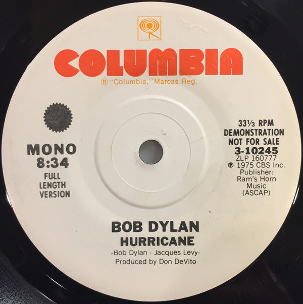 Bob Dylan : Hurricane (7", Promo, Ful)