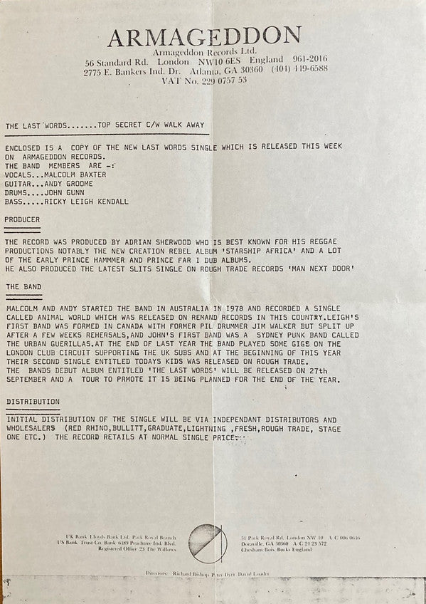 The Last Words : Top Secret (7", Single)