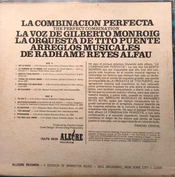 Gilberto Monroig : La Combinacion Perfecta Con la Orquesta de Tito Puente (LP, Album, Mono)