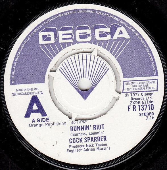 Cock Sparrer : Runnin' Riot (7", Single, Promo, Pus)