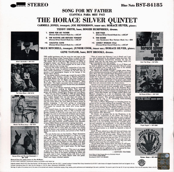 The Horace Silver Quintet : Song For My Father (Cantiga Para Meu Pai) (LP, Album, RE)