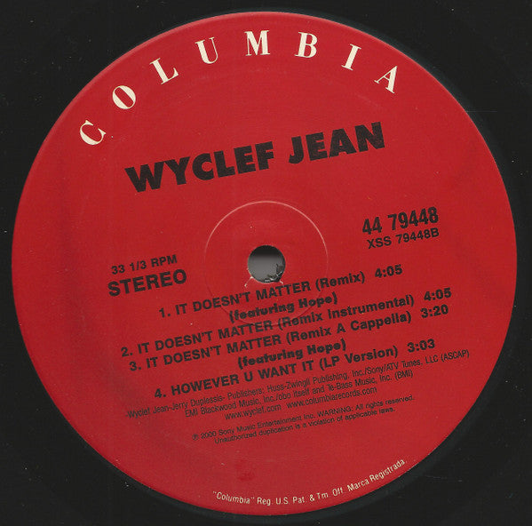 Wyclef Jean Featuring The Rock (2) & Melky Sedeck : It Doesn't Matter (12")