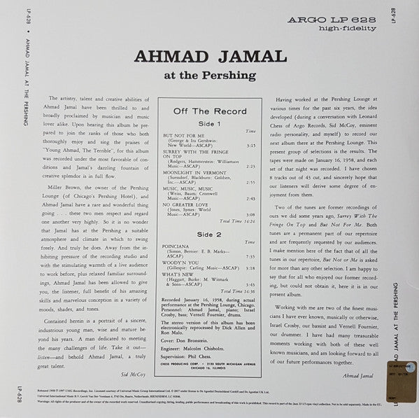 Ahmad Jamal Trio :  Ahmad Jamal At The Pershing (LP, Album, RE)