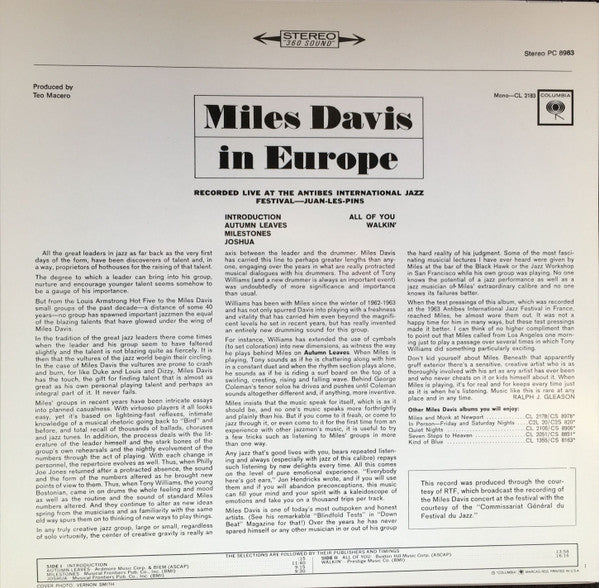 Miles Davis : Miles Davis In Europe (LP, Album, RE)
