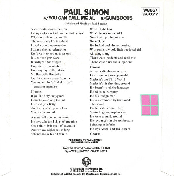 Paul Simon : You Can Call Me Al (7", Single, Pap)