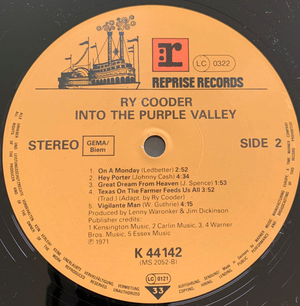 Ry Cooder : Into The Purple Valley (LP, Album, RE)