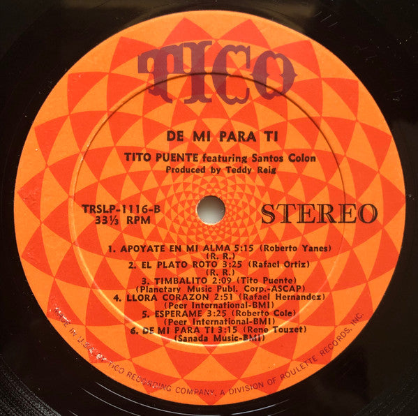 Tito Puente Y Su Orquesta* - Destacando Santos Colon* : De Mi Para Ti (From Me To You) (LP, Album)