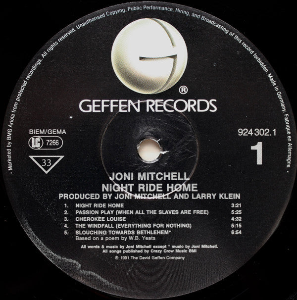 Joni Mitchell : Night Ride Home (LP, Album, Gat)