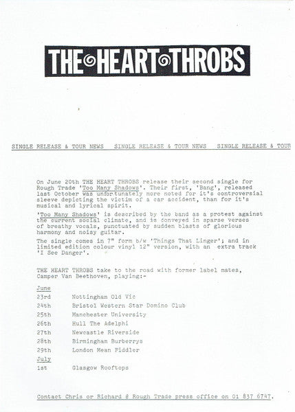 The Heart Throbs : Too Many Shadows (12", Single, Ltd, Blu)