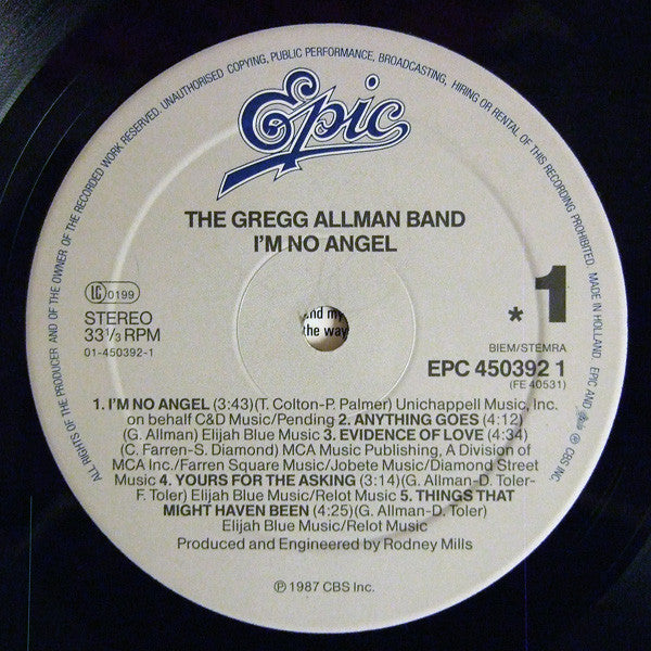 The Gregg Allman Band : I'm No Angel (LP, Album)