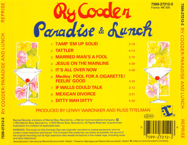 Ry Cooder : Paradise And Lunch (CD, Album)