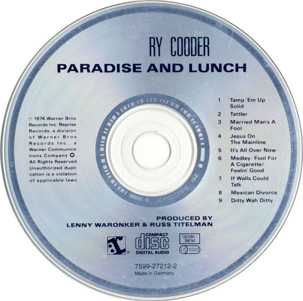 Ry Cooder : Paradise And Lunch (CD, Album)