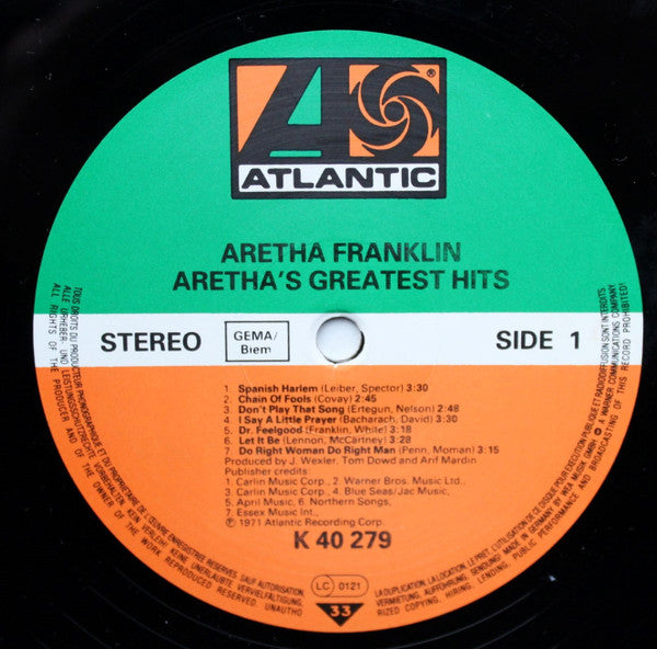 Aretha Franklin : Aretha's Greatest Hits (LP, Comp, RE)