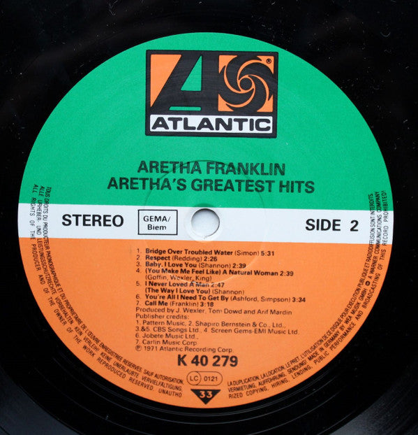 Aretha Franklin : Aretha's Greatest Hits (LP, Comp, RE)