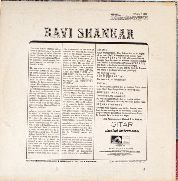 Ravi Shankar : Ragas: Kameshwari • Gangeshwari  • Rangeshwari (LP, Album, RE)