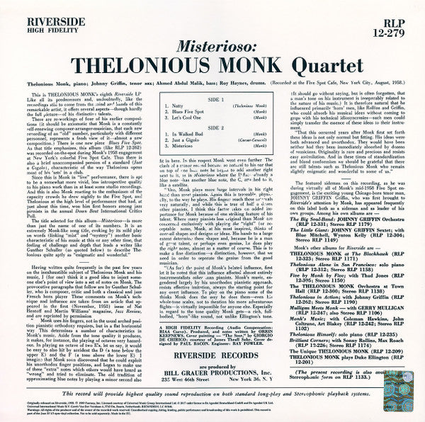 The Thelonious Monk Quartet : Misterioso (LP, Album, Mono, RE)