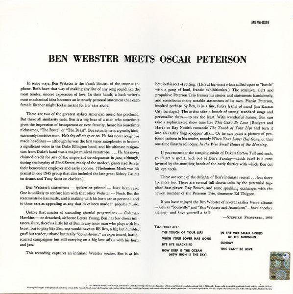 Ben Webster meets Oscar Peterson : Ben Webster Meets Oscar Peterson (LP, Album, RE, 180)