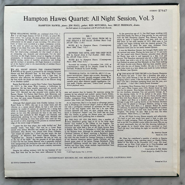 Hampton Hawes Quartet : All Night Session, Vol. 3 (LP, Album, RP)