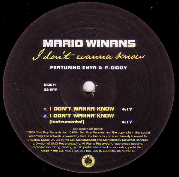 Mario Winans : I Don't Wanna Know / Pretty Girl Bullsh*t (12")