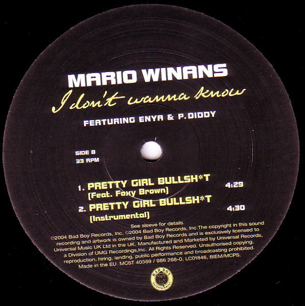 Mario Winans : I Don't Wanna Know / Pretty Girl Bullsh*t (12")