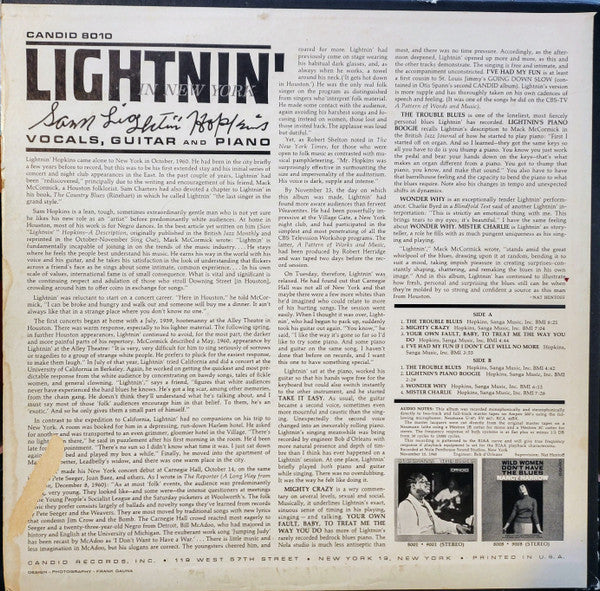 Sam Lightnin' Hopkins* : Lightnin' In New York (LP, Album, Mono)
