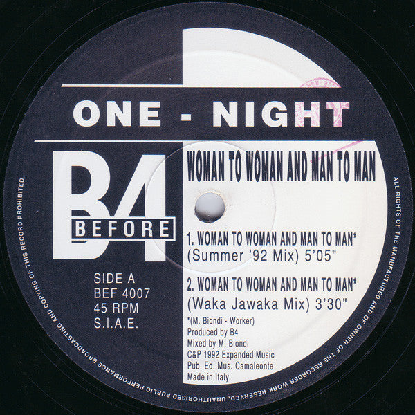 One Night : Woman To Woman And Man To Man (12")