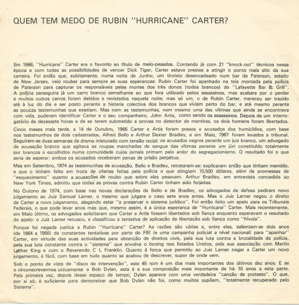 Bob Dylan : Quem Tem Medo De Rubin "Hurricane" Carter? (7")