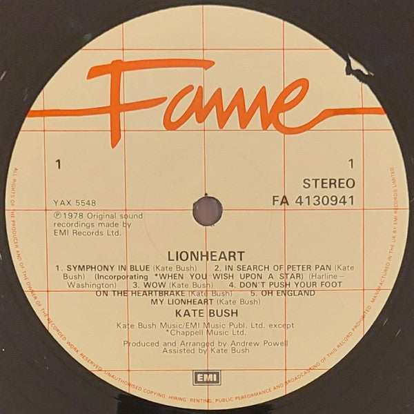 Kate Bush : Lionheart (LP, Album, RE, Che)