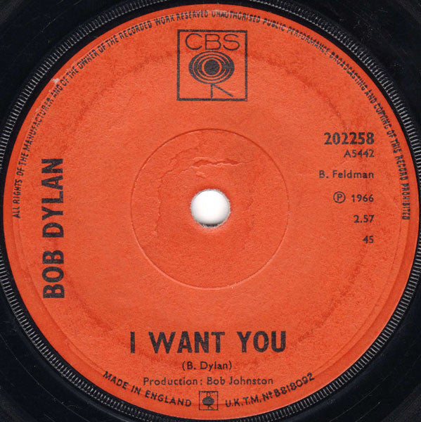 Bob Dylan : I Want You (7", Single, Sol)