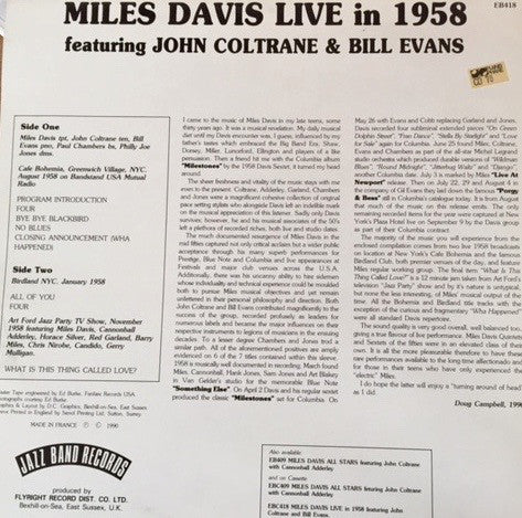 Miles Davis Featuring John Coltrane & Bill Evans : Miles Davis Live In 1958 (LP, Mono)