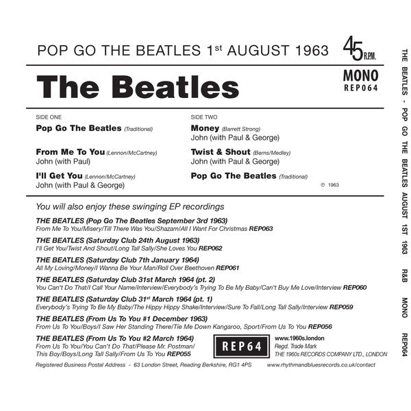 The Beatles : Pop Go The Beatles #12 - August 1st 1963 (7", EP, Mono, Unofficial)