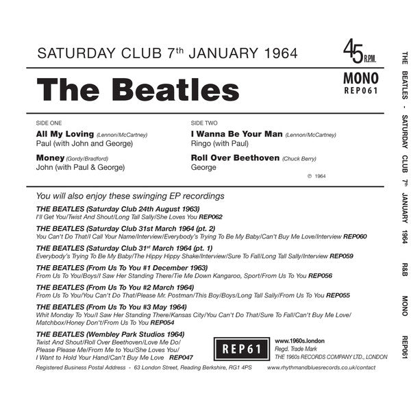 The Beatles : Saturday Club #8th January 1964 (7", EP, Mono, Unofficial)
