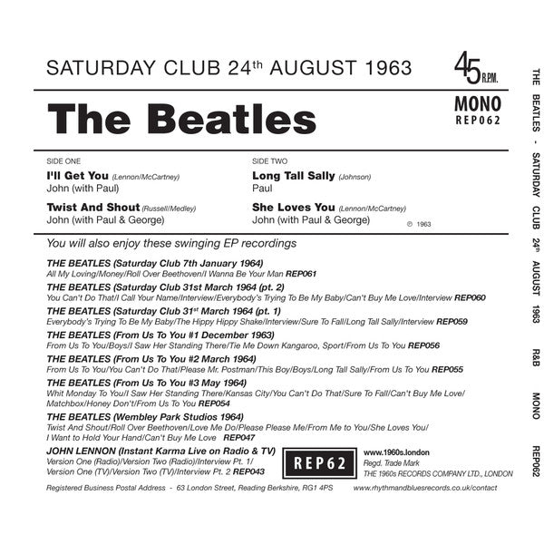 The Beatles : Saturday Club 24th August 1963 (7", Mono, Unofficial)