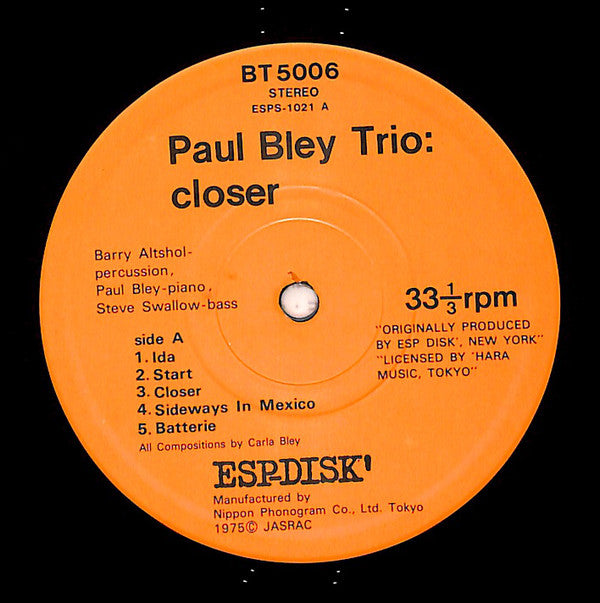 Paul Bley Trio : Closer (LP, Album, RE)