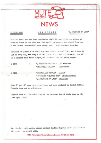 Depeche Mode : A Question Of Lust (7", Single, MPO)