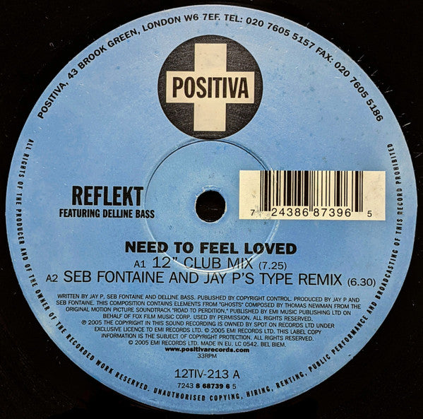 Reflekt Featuring Delline Bass : Need To Feel Loved (12", Single)