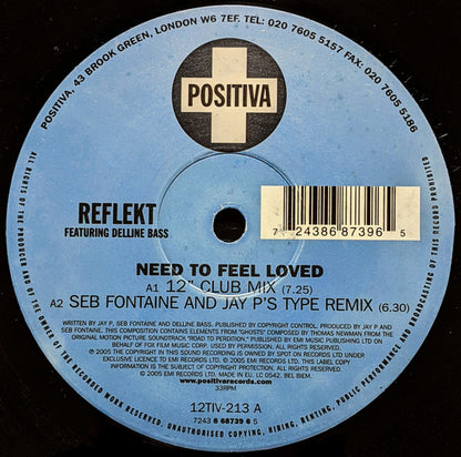 Reflekt Featuring Delline Bass : Need To Feel Loved (12", Single)