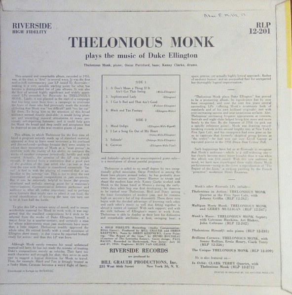 Thelonious Monk : Thelonious Monk Plays Duke Ellington (LP, Album, Mono, RE, Blu)