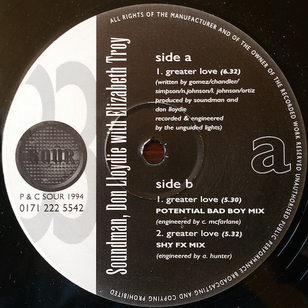 Soundman & Don Lloydie with Elisabeth Troy : Greater Love (12", Promo)