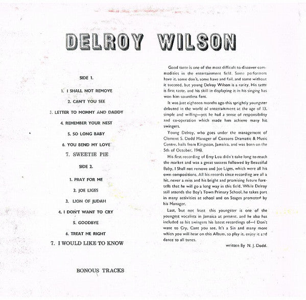 Delroy Wilson : I Shall Not Remove (LP, Album, RE)