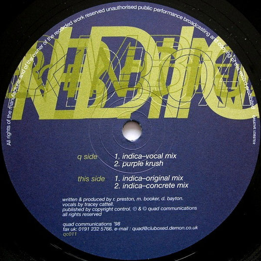 Pink Bomb featuring Tracey Cattell* : Indica (12", Single)