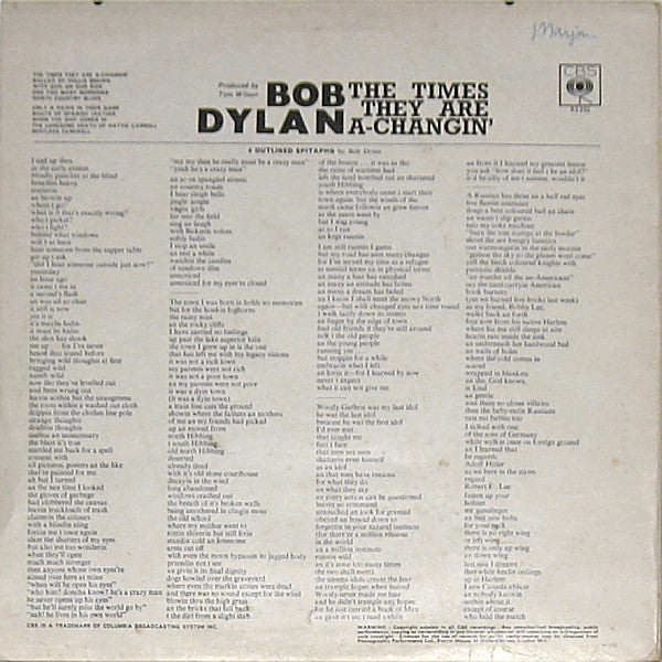 Bob Dylan : The Times They Are A-Changin' (LP, Album, RP)