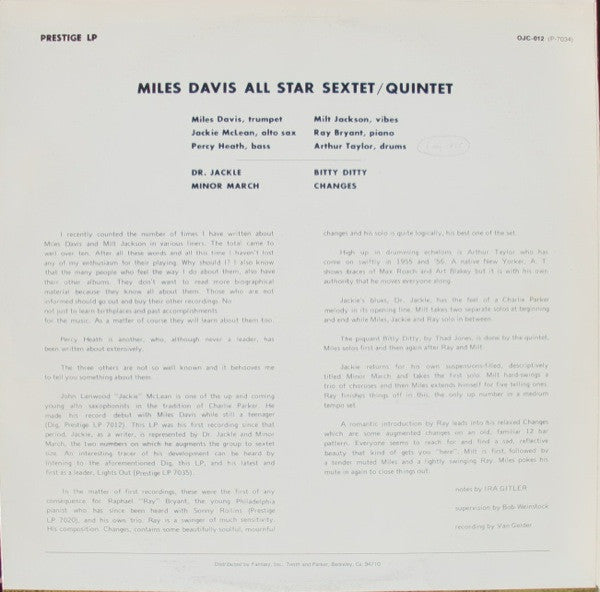 Miles Davis And Milt Jackson : Quintet / Sextet (LP, Album, RE)