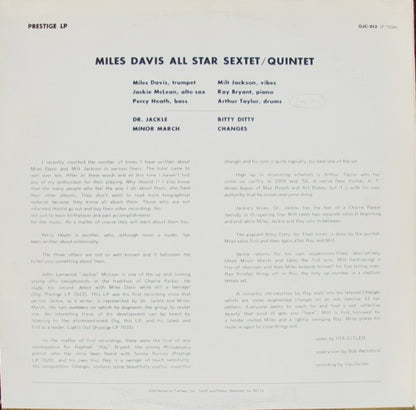 Miles Davis And Milt Jackson : Quintet / Sextet (LP, Album, RE)