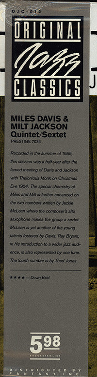 Miles Davis And Milt Jackson : Quintet / Sextet (LP, Album, RE)