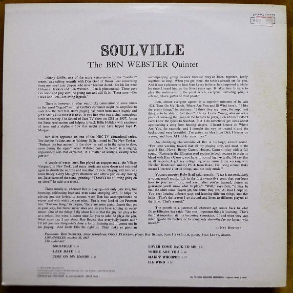 The Ben Webster Quintet : Soulville (LP, Album, Mono, RE)